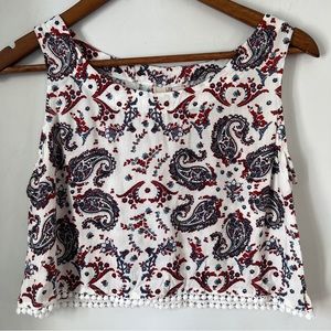 RAGA Crop Top Sleeveless Tank Paisley Pom Trim Boho Womens Size Small
